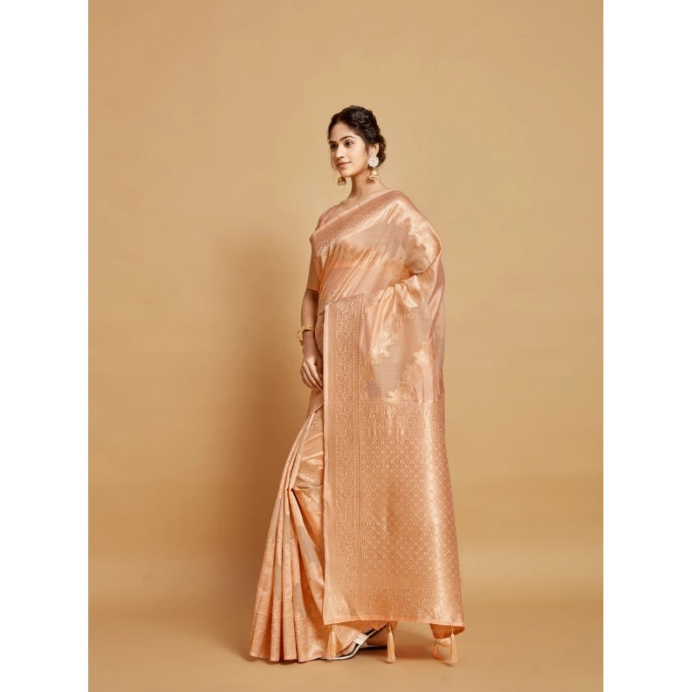 Generic Women's Linen Printed Saree With Unstitched Blouse (Peach, 5-6 Mtrs)