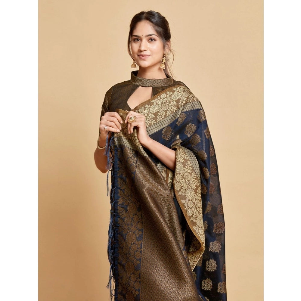 Generic Women's Chanderi Cotton Printed Saree With Unstitched Blouse (Navy, 5-6 Mtrs)