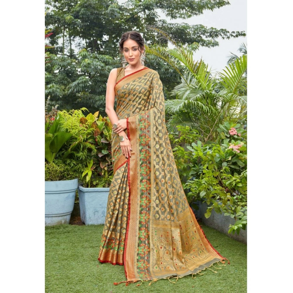 Generic Women's Organza Printed Saree With Unstitched Blouse (Grey, 5-6 Mtrs)