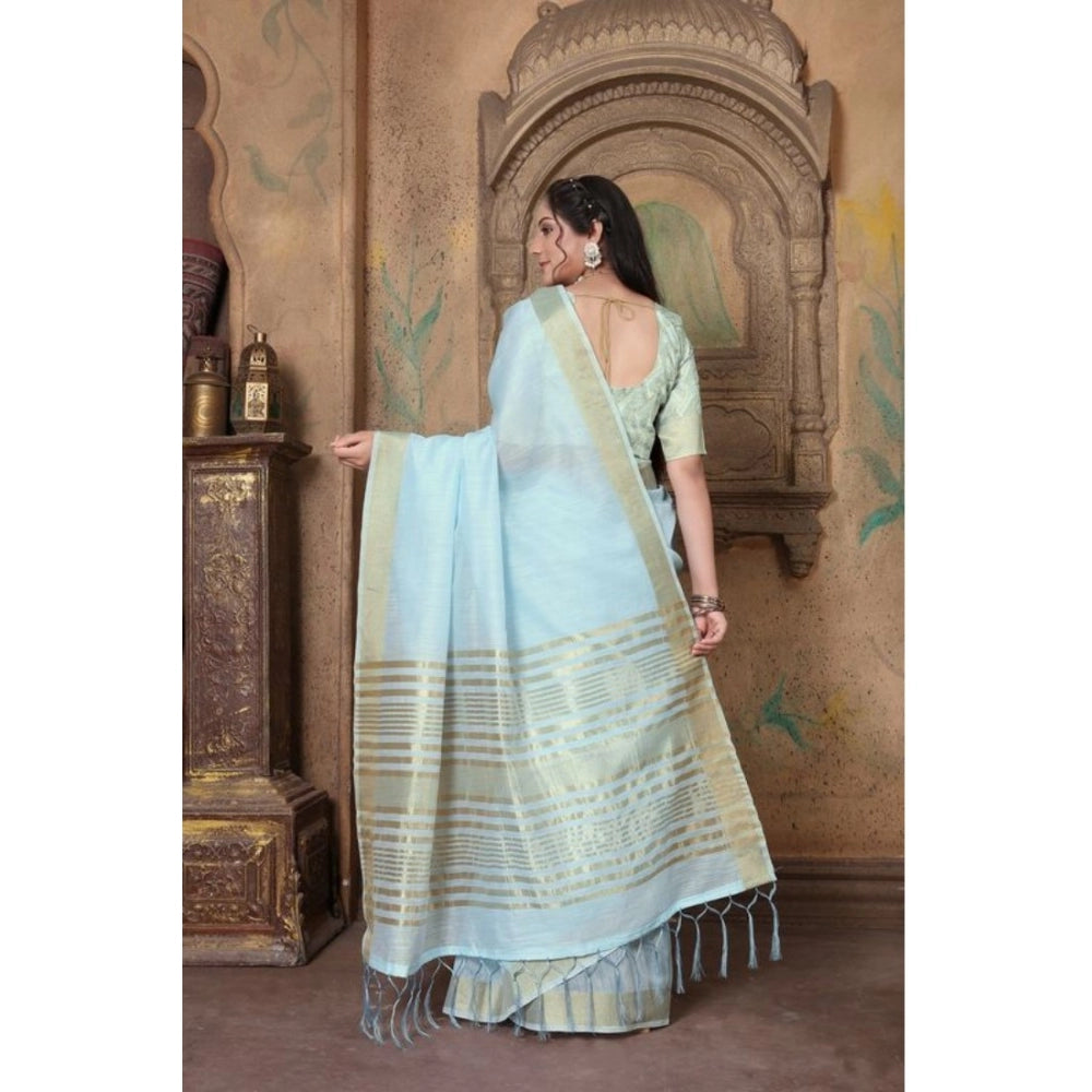 Generic Women's Soft Linen Striped Saree With Unstitched Blouse (Sky Blue, 5-6 Mtrs)