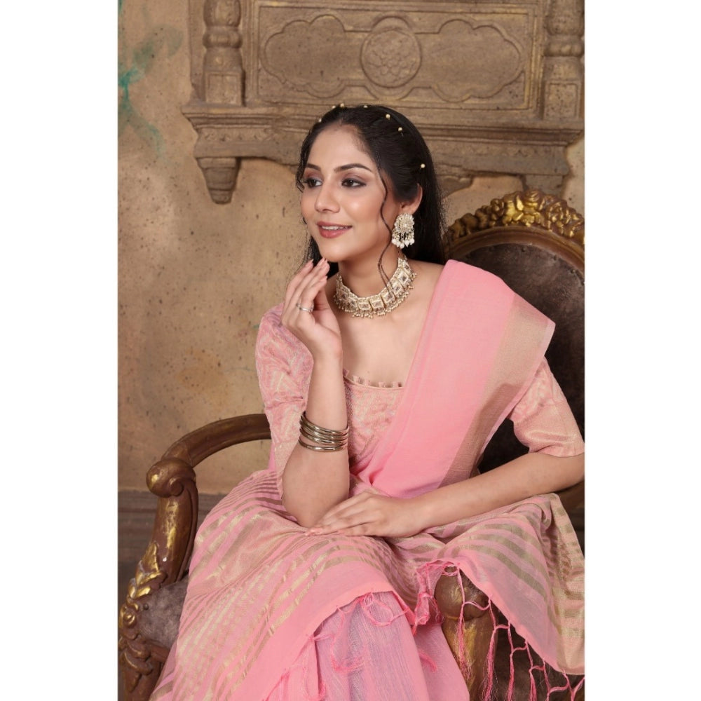 Generic Women's Soft Linen Striped Saree With Unstitched Blouse (PInk, 5-6 Mtrs)