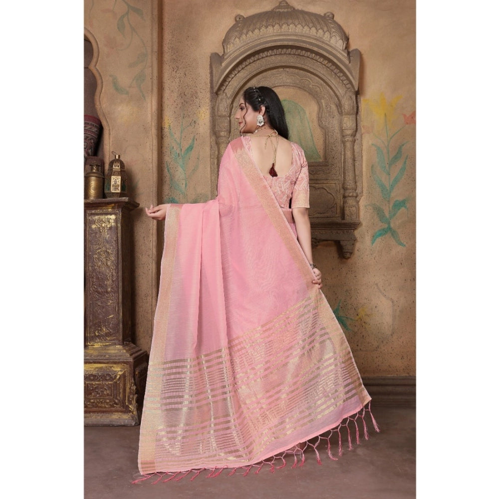 Generic Women's Soft Linen Striped Saree With Unstitched Blouse (PInk, 5-6 Mtrs)