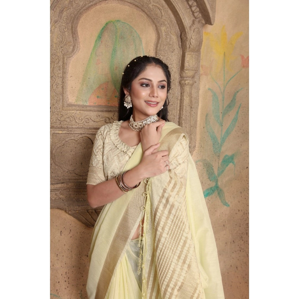 Generic Women's Soft Linen Striped Saree With Unstitched Blouse (Off-White, 5-6 Mtrs)