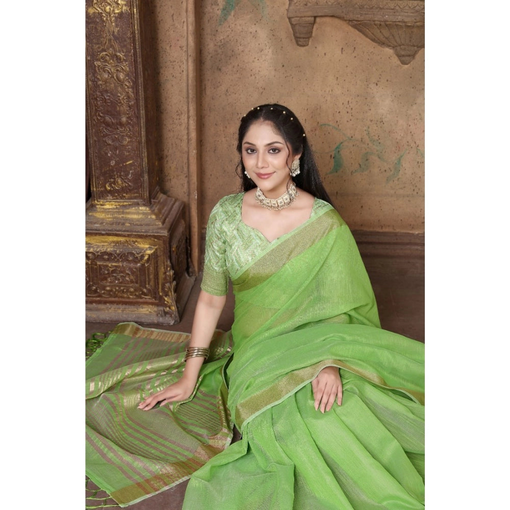 Generic Women's Soft Linen Striped Saree With Unstitched Blouse (Green, 5-6 Mtrs)