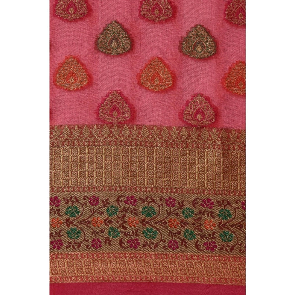 Generic Women's Organza Printed Saree With Unstitched Blouse (Red, 5-6 Mtrs)