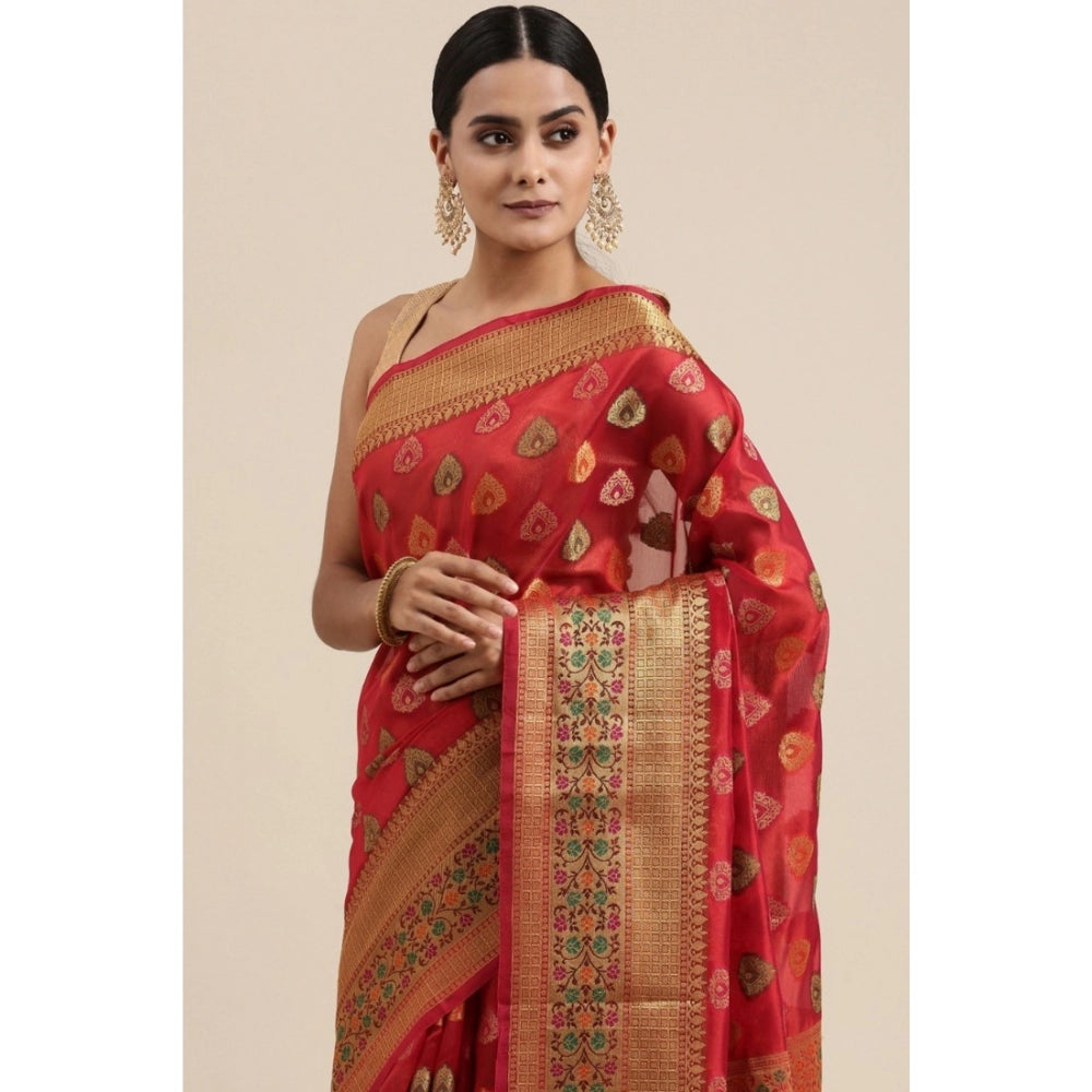 Generic Women's Organza Printed Saree With Unstitched Blouse (Red, 5-6 Mtrs)