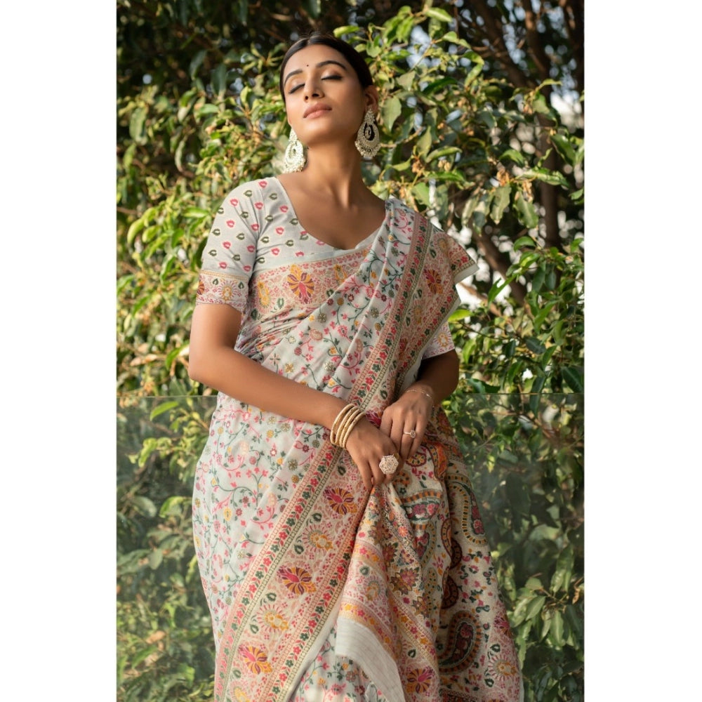 Generic Women's Linen Printed Saree With Unstitched Blouse (Off-White, 5-6 Mtrs)