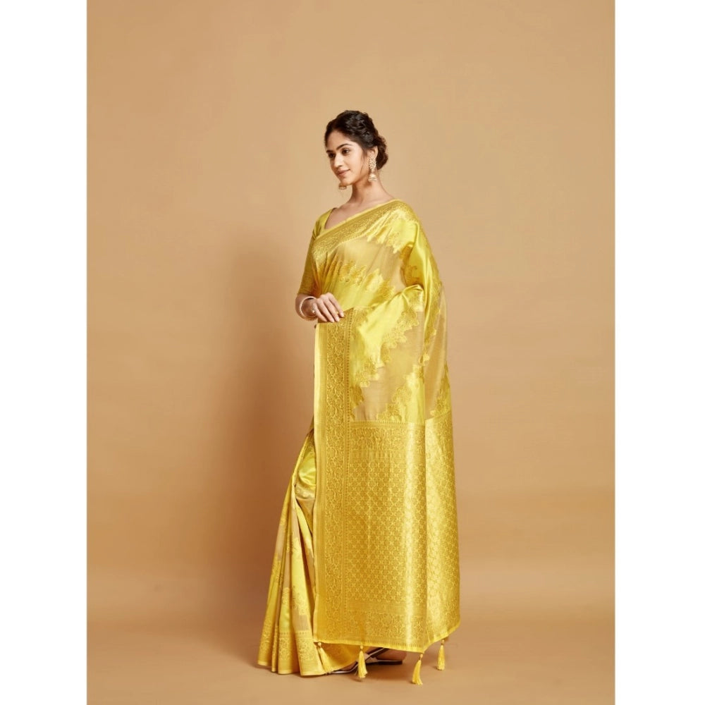 Generic Women's Linen Printed Saree With Unstitched Blouse (Yellow, 5-6 Mtrs)