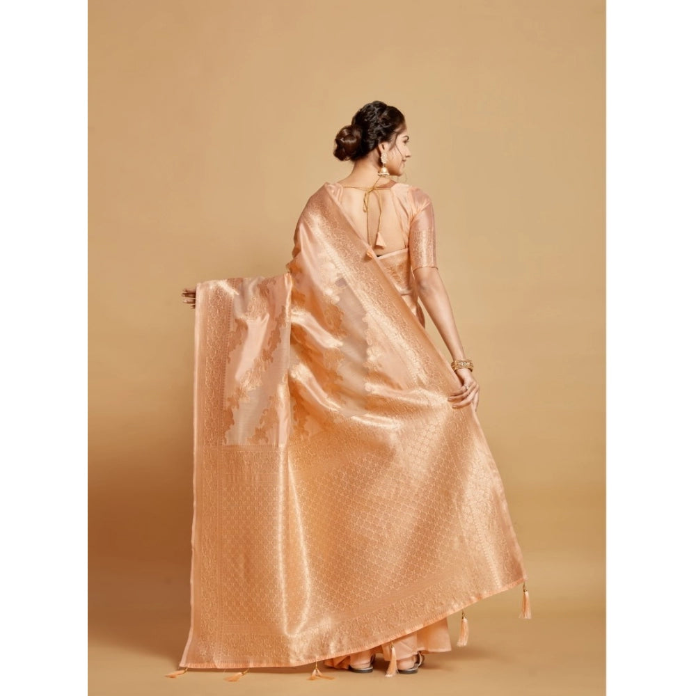 Generic Women's Linen Printed Saree With Unstitched Blouse (Peach, 5-6 Mtrs)