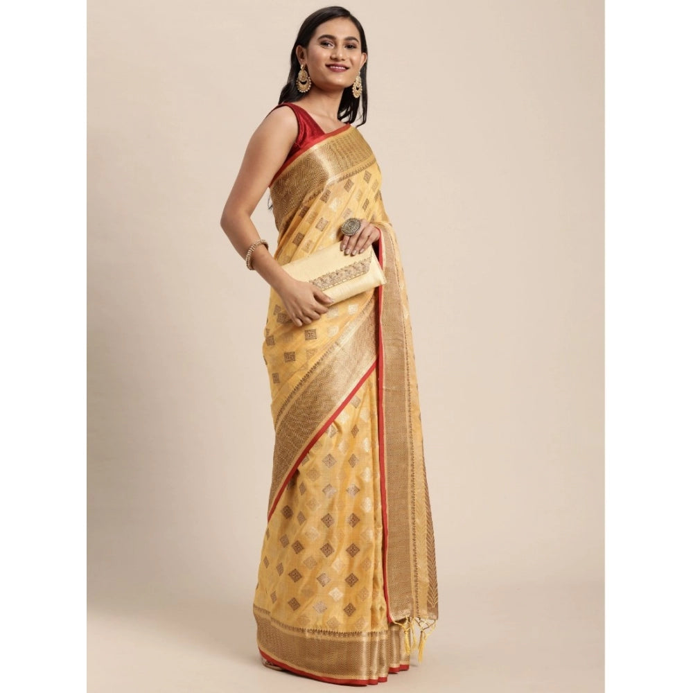Generic Women's Chanderi Cotton Printed Saree With Unstitched Blouse (Yellow, 5-6 Mtrs)