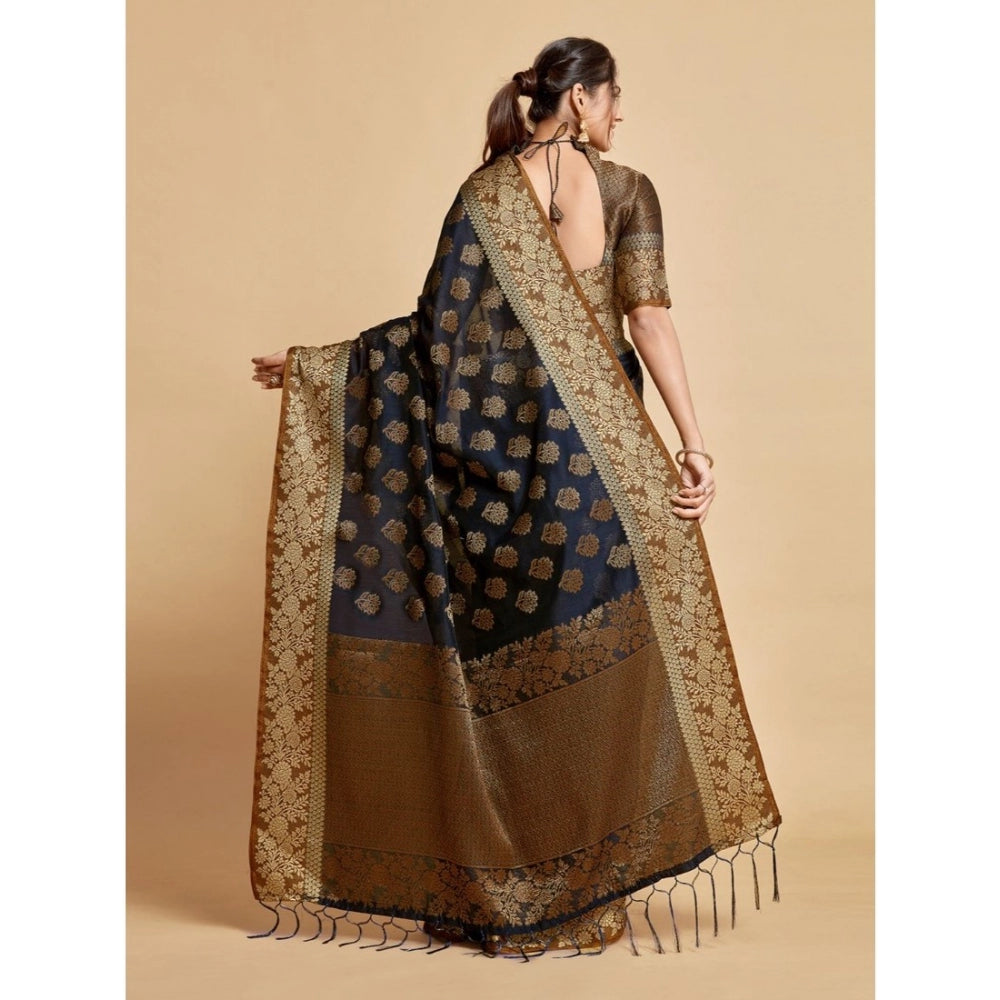 Generic Women's Chanderi Cotton Printed Saree With Unstitched Blouse (Navy, 5-6 Mtrs)