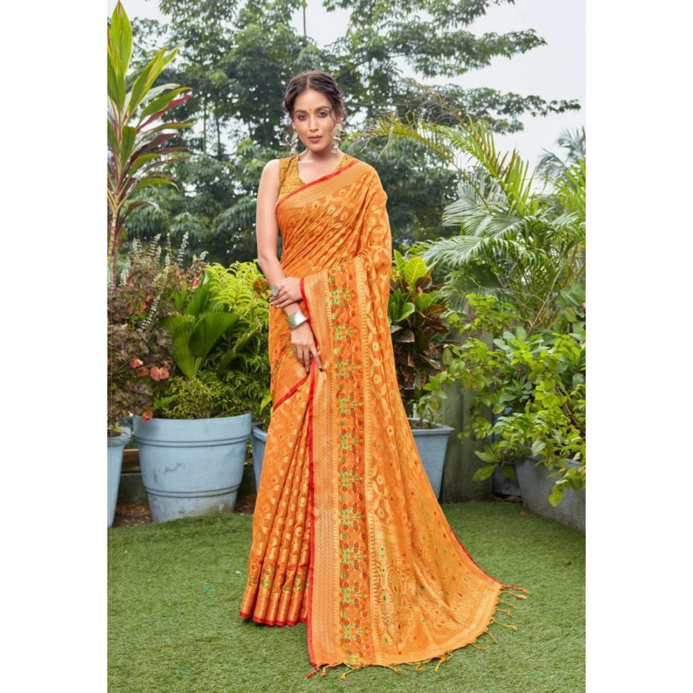 Generic Women's Organza Printed Saree With Unstitched Blouse (Orange, 5-6 Mtrs)