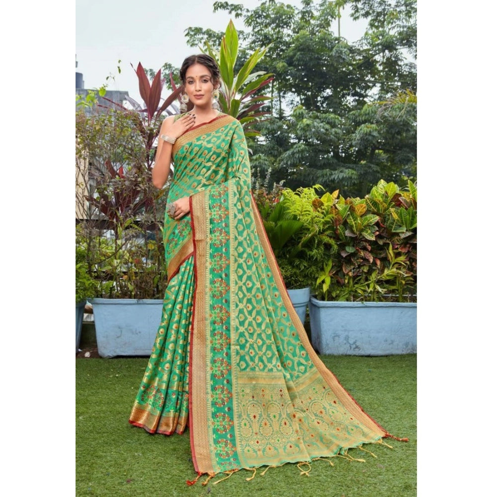 Generic Women's Organza Printed Saree With Unstitched Blouse (Green, 5-6 Mtrs)