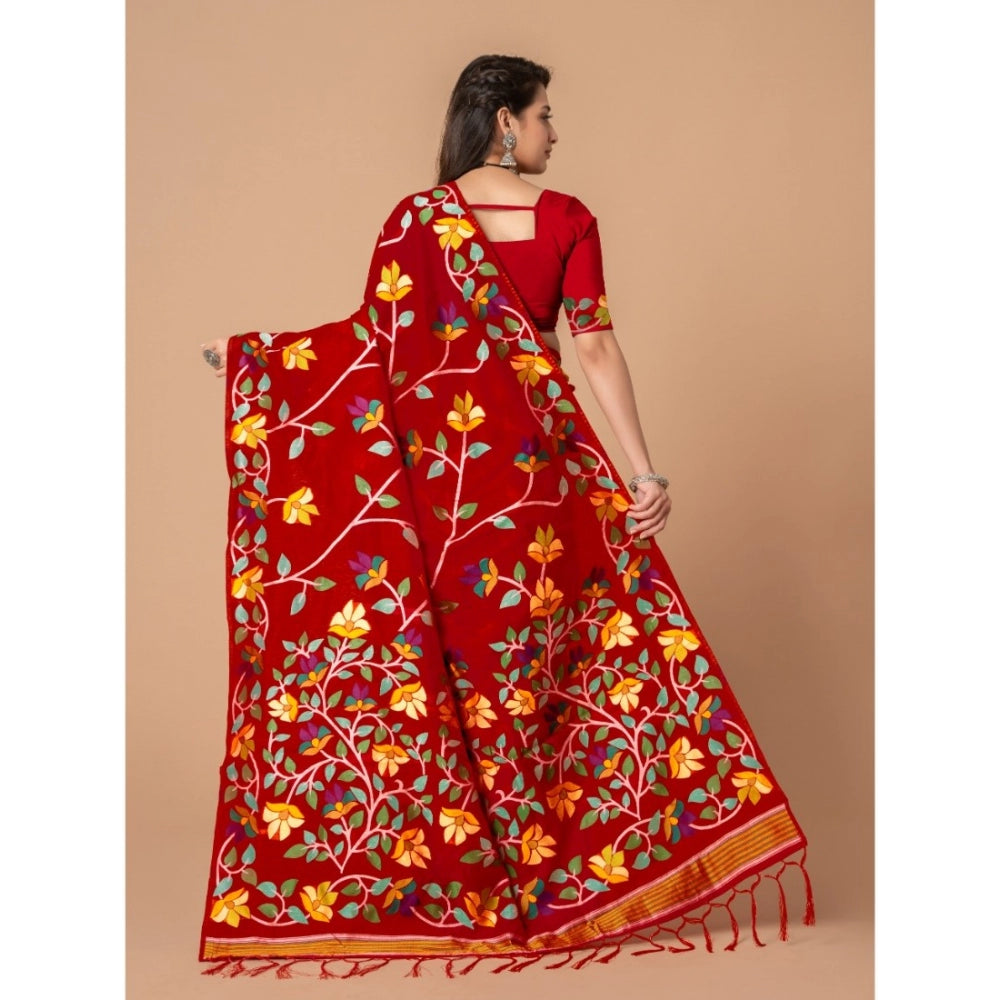 Generic Women's Cotton Printed Saree With Unstitched Blouse (Red, 5-6 Mtrs)