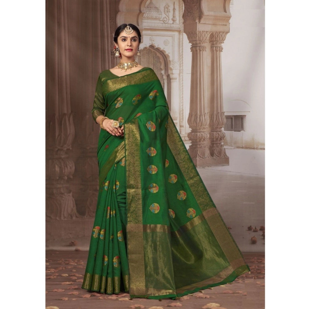 Generic Women's Linen Printed Saree With Unstitched Blouse (Dark Green, 5-6 Mtrs)