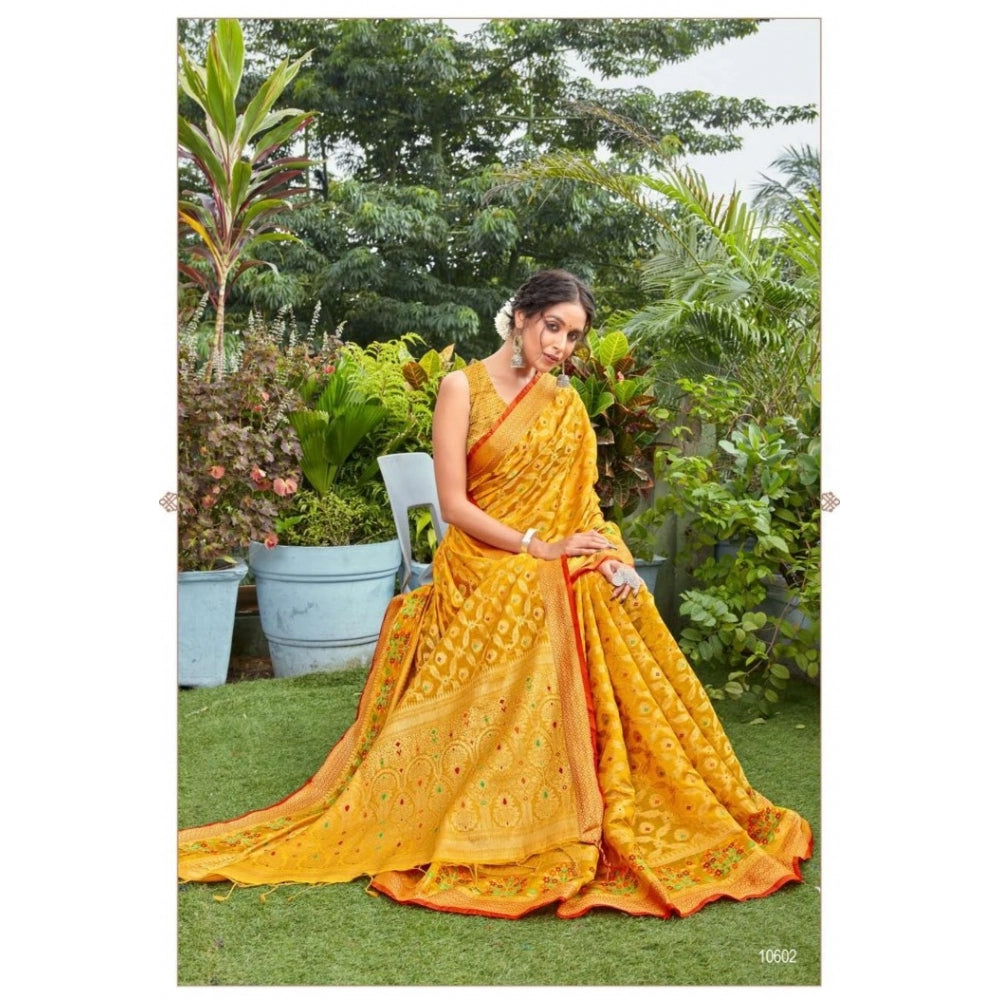 Generic Women's Organza Printed Saree With Unstitched Blouse (Mustard, 5-6 Mtrs)
