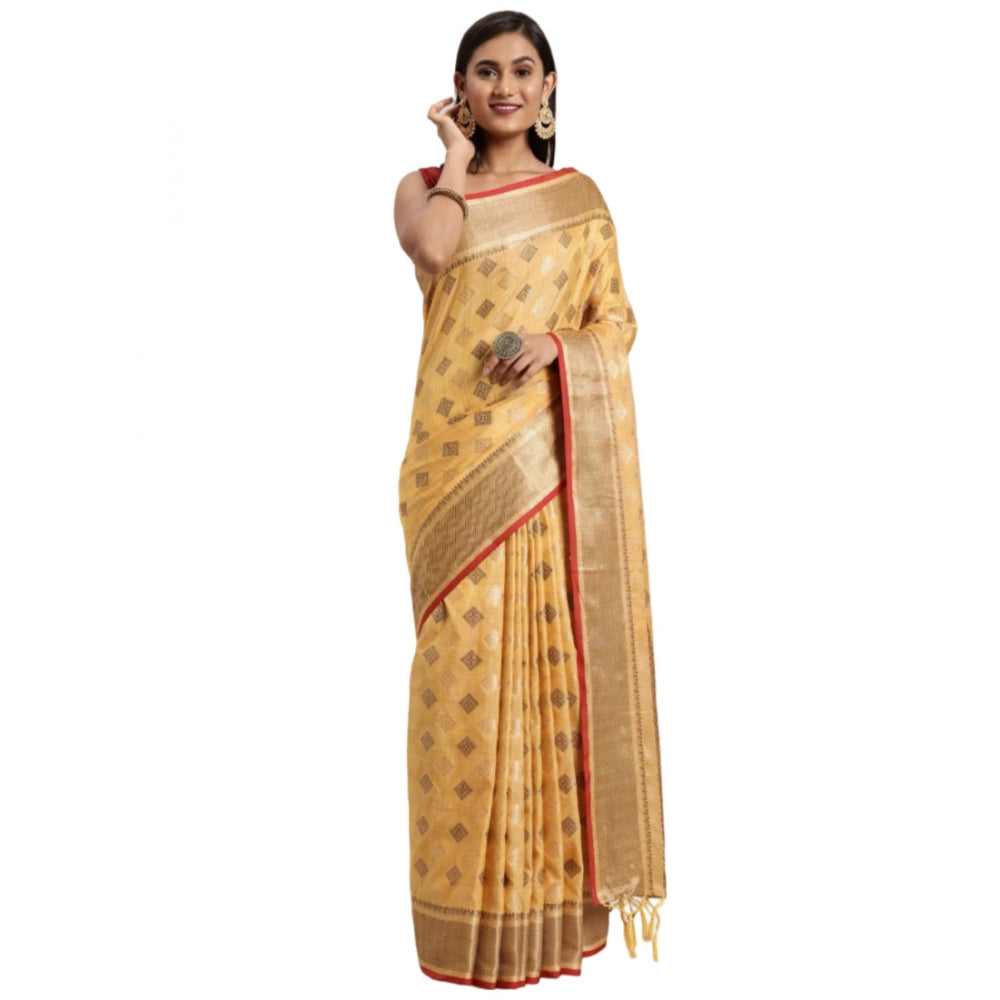 Generic Women's Chanderi Cotton Printed Saree With Unstitched Blouse (Yellow, 5-6 Mtrs)