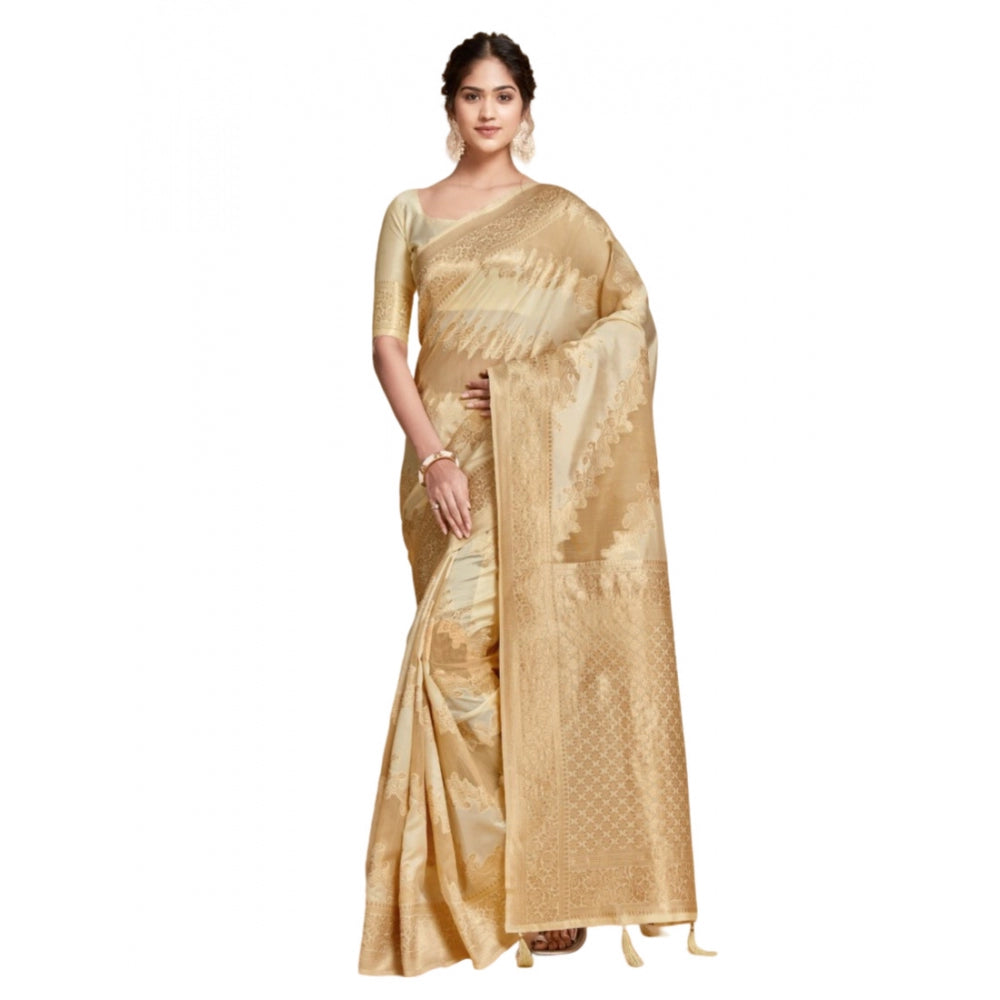 Generic Women's Linen Printed Saree With Unstitched Blouse (Beige, 5-6 Mtrs)