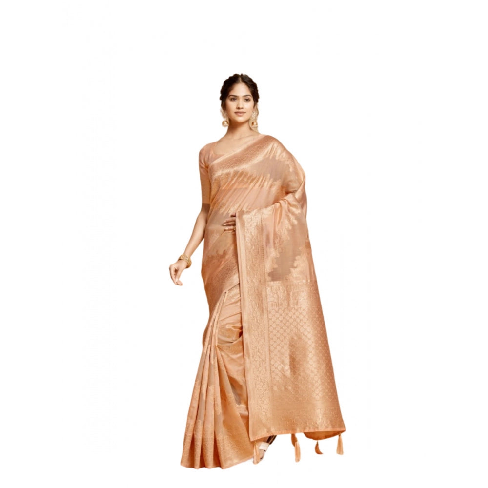 Generic Women's Linen Printed Saree With Unstitched Blouse (Peach, 5-6 Mtrs)