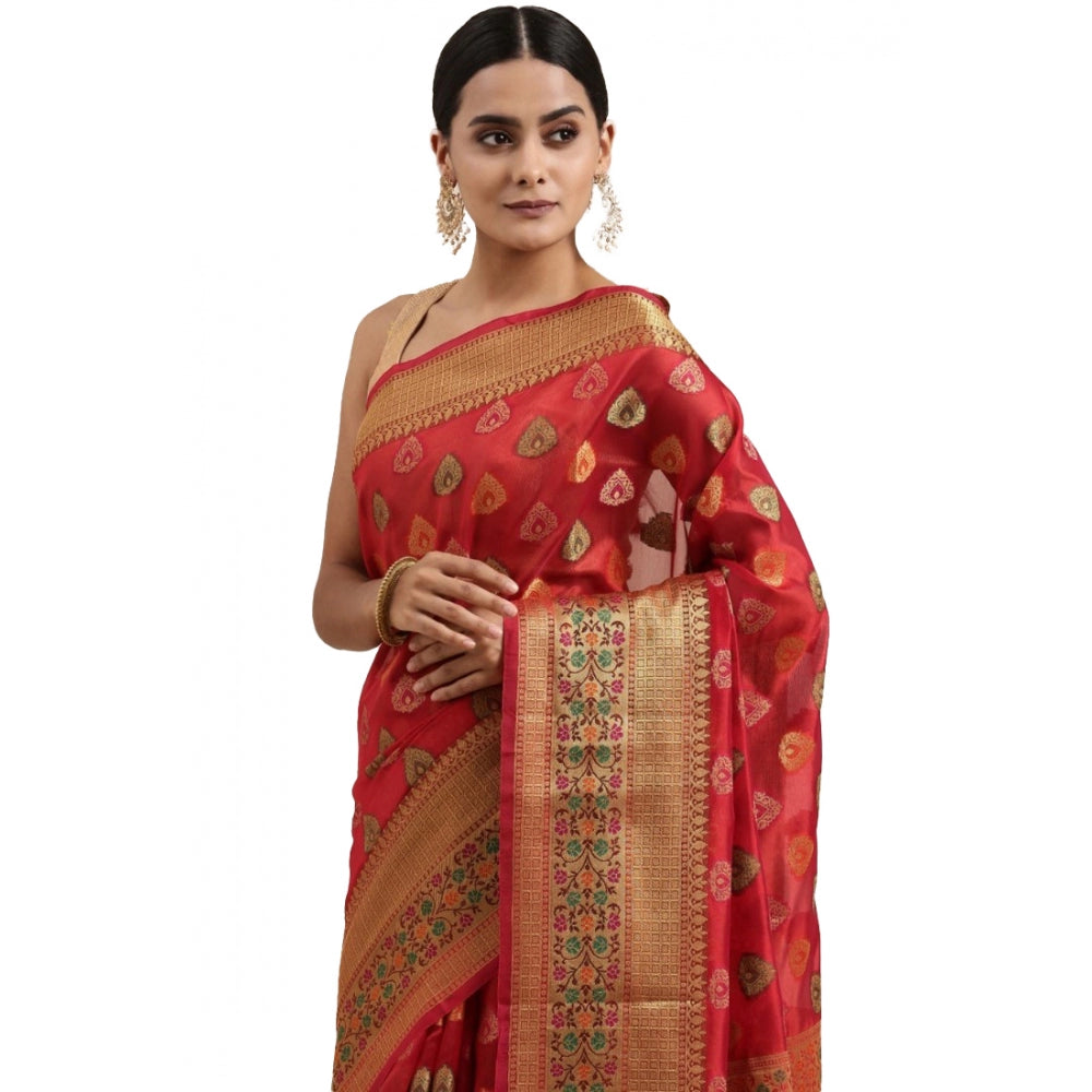 Generic Women's Organza Printed Saree With Unstitched Blouse (Red, 5-6 Mtrs)