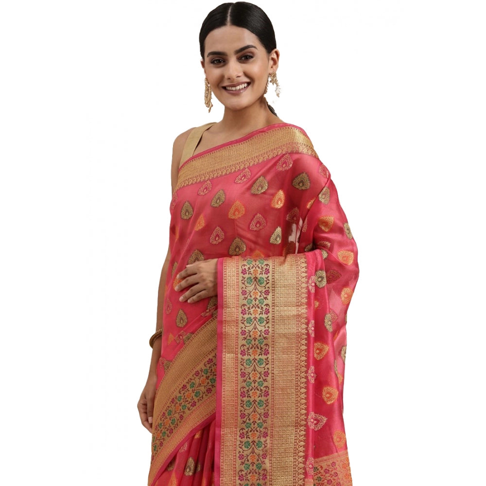 Generic Women's Organza Printed Saree With Unstitched Blouse (Pink, 5-6 Mtrs)