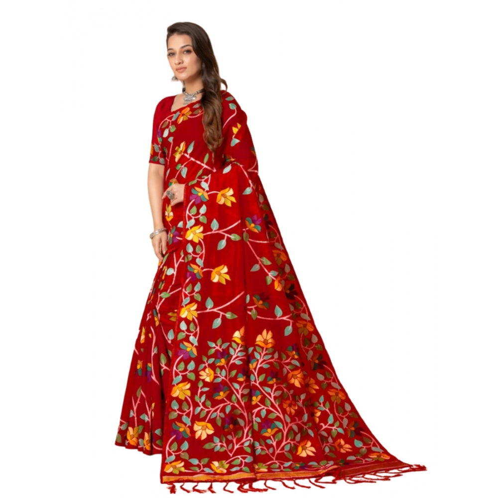 Generic Women's Cotton Printed Saree With Unstitched Blouse (Red, 5-6 Mtrs)
