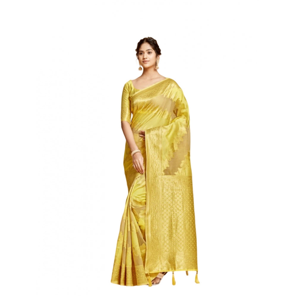 Generic Women's Linen Printed Saree With Unstitched Blouse (Yellow, 5-6 Mtrs)