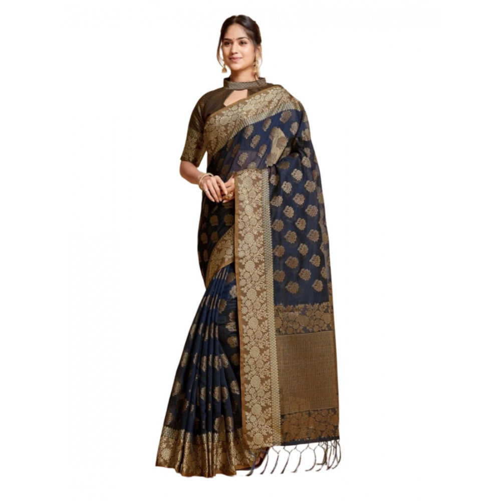 Generic Women's Chanderi Cotton Printed Saree With Unstitched Blouse (Navy, 5-6 Mtrs)