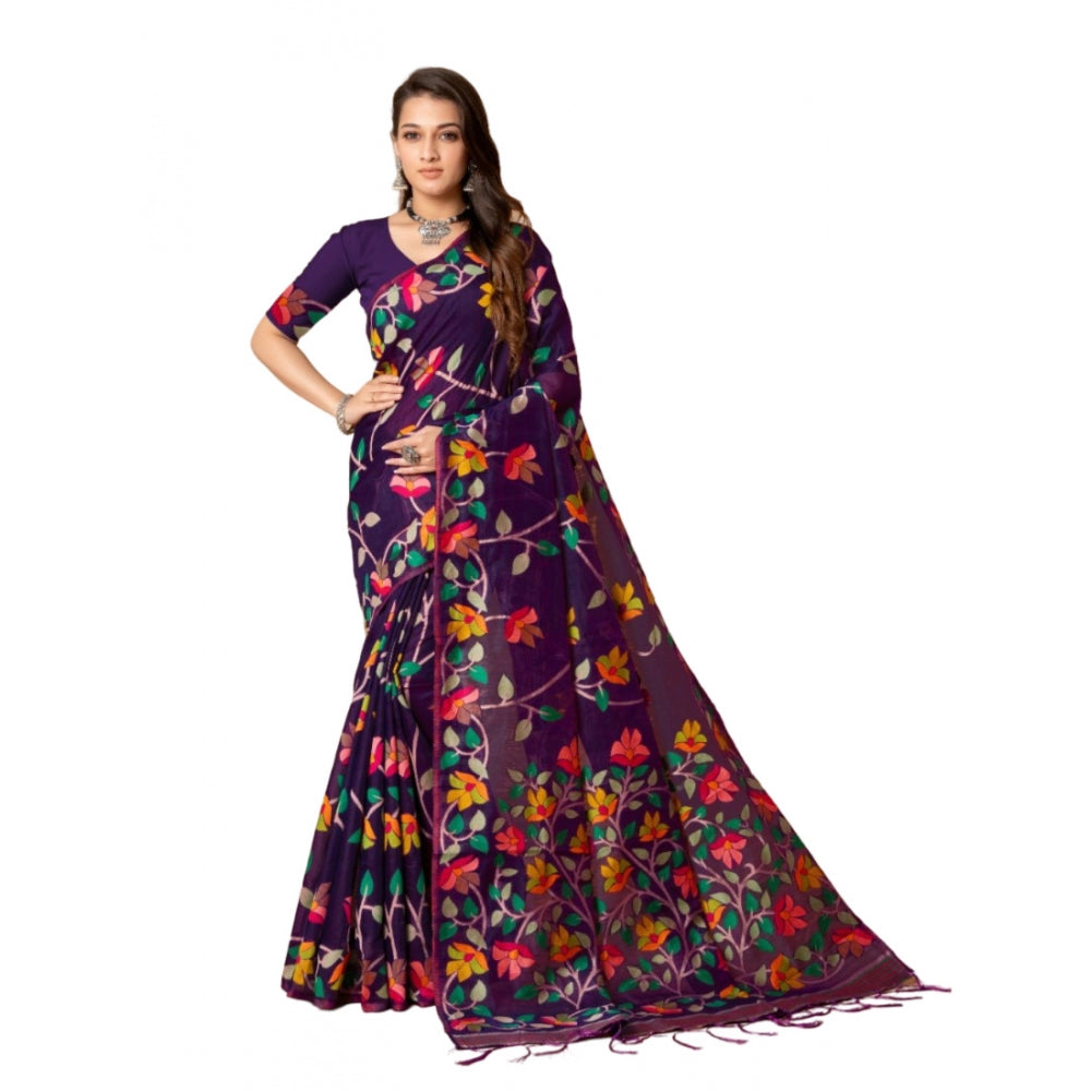 Generic Women's Cotton Printed Saree With Unstitched Blouse (Wine, 5-6 Mtrs)