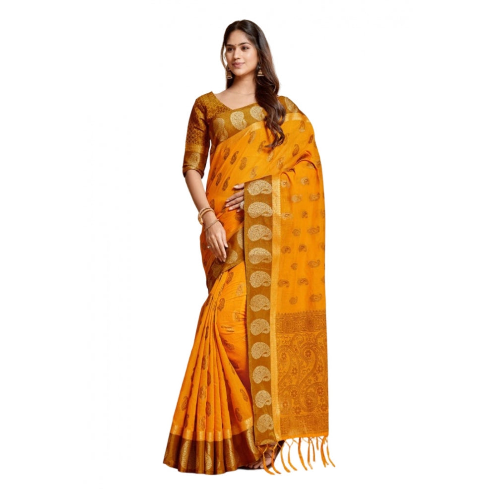 Generic Women's Chanderi Cotton Printed Saree With Unstitched Blouse (Mustard, 5-6 Mtrs)