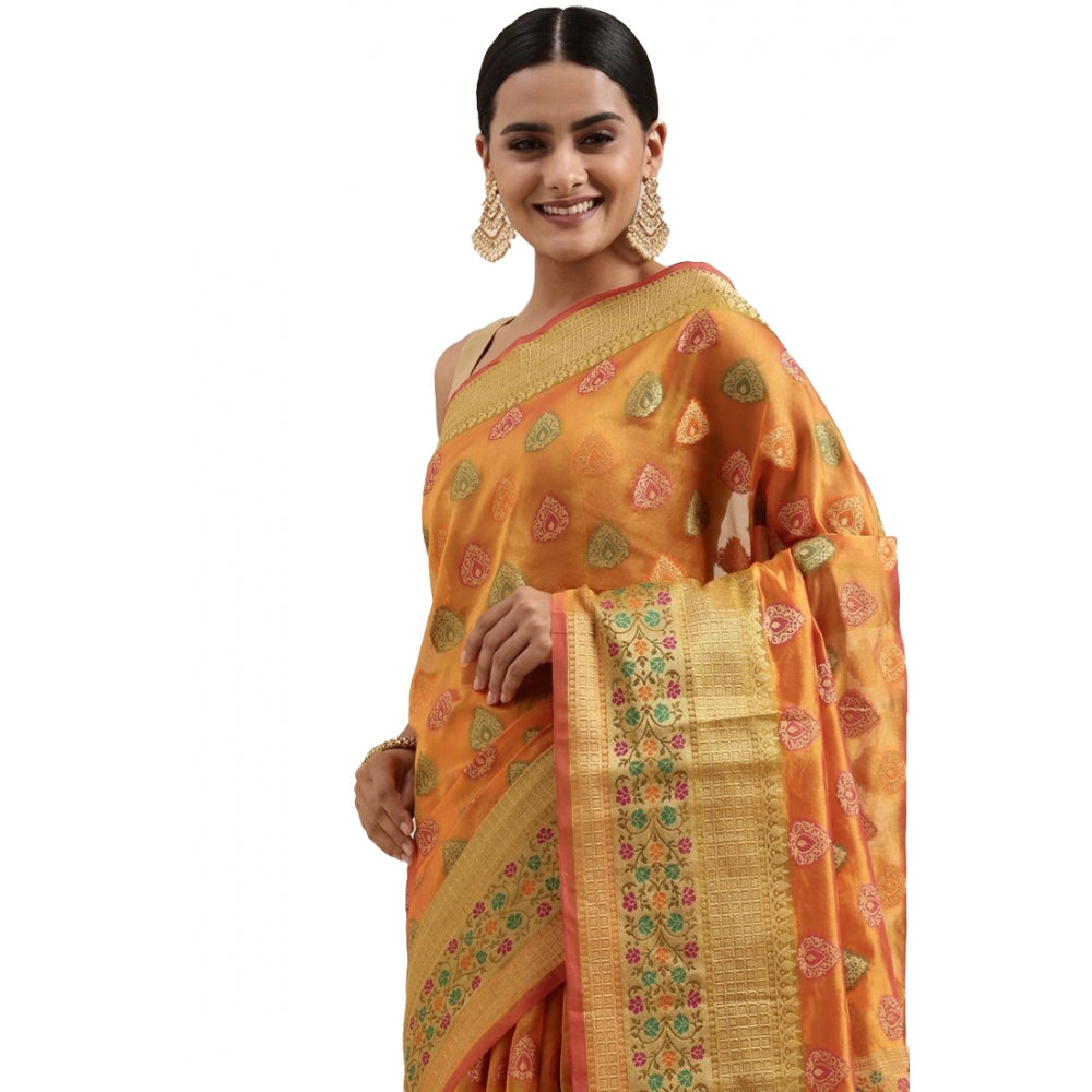 Generic Women's Organza Printed Saree With Unstitched Blouse (Mustard, 5-6 Mtrs)