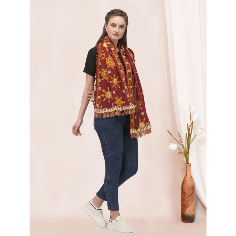 Generic Women's Cotton Embroidered Muffler (Maroon, Length: 0.5 to 1 Mtr)