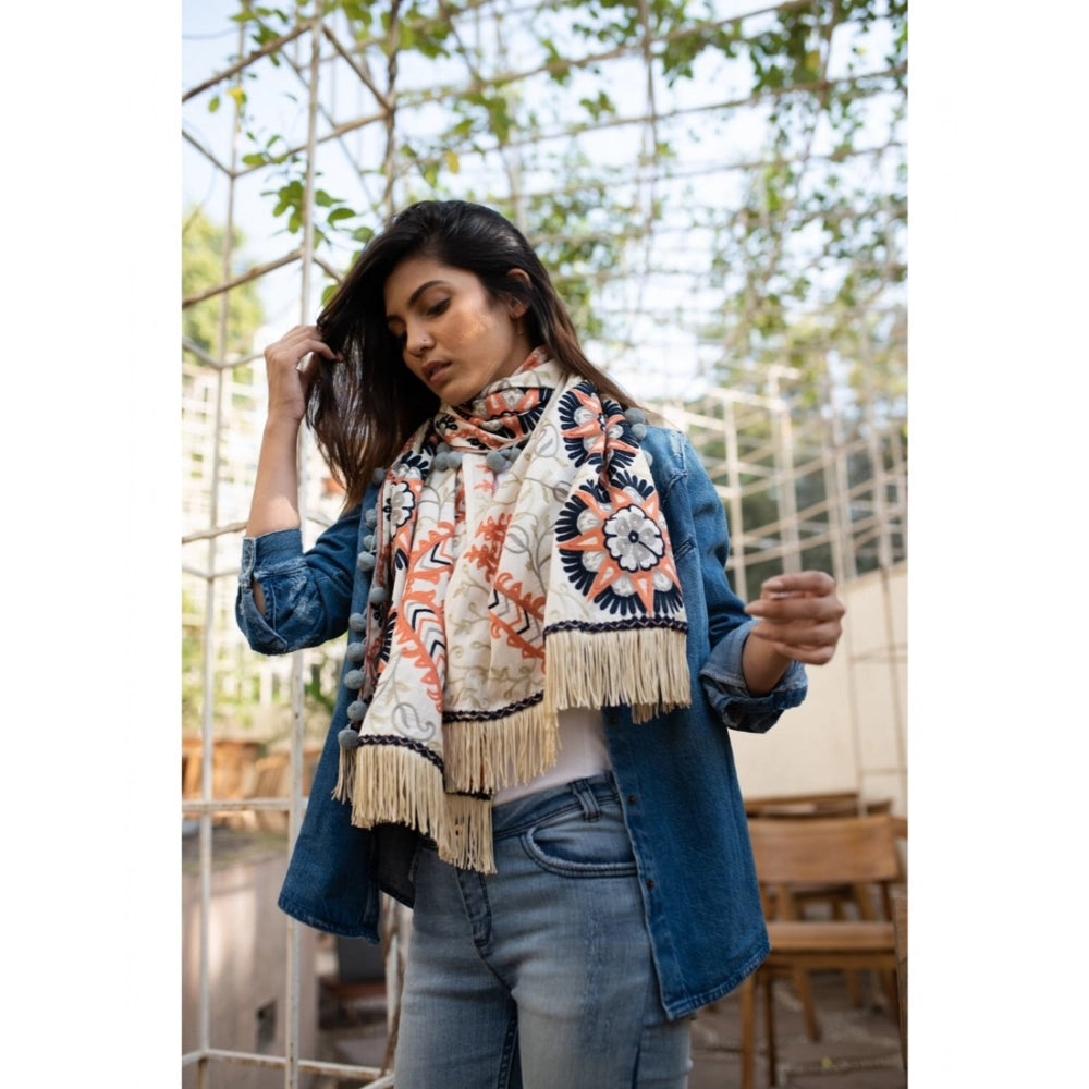 Generic Women's Cotton Embroidered Muffler (Off White, Length: 0.5 to 1 Mtr)