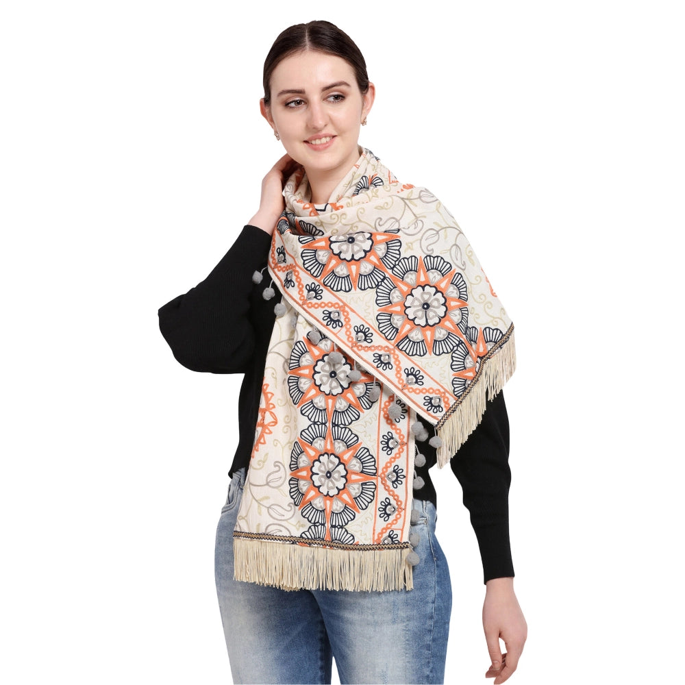 Generic Women's Cotton Embroidered Muffler (Off White, Length: 0.5 to 1 Mtr)