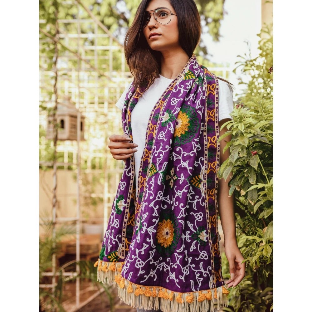 Generic Women's Cotton Embroidered Muffler (Purple, Length: 0.5 to 1 Mtr)