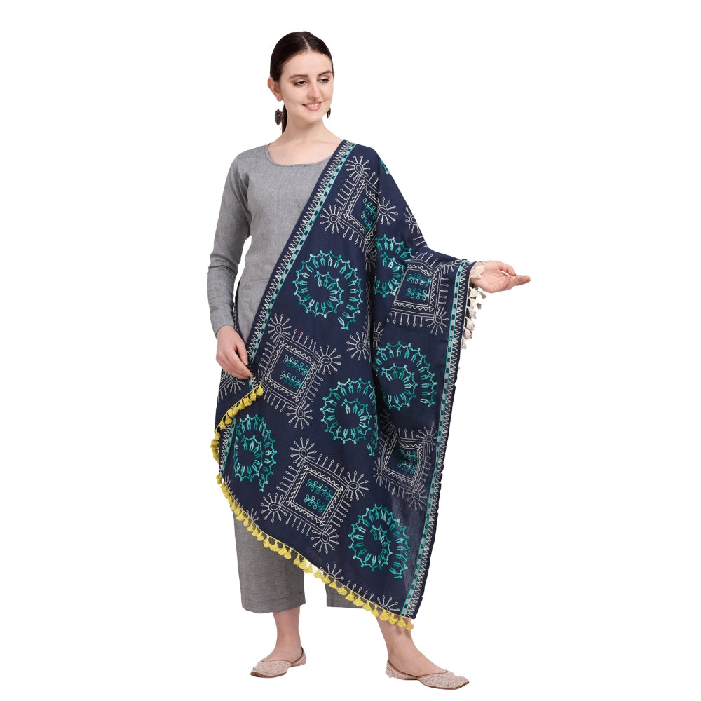 Generic Women's Cotton Embroidered Dupatta (Navyblue, Length: 0.5 to 1 Mtr)