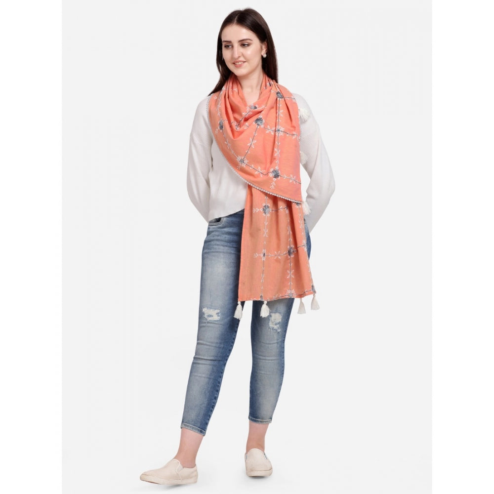Generic Women's Cotton Opaque Stole (Peach, Length: 1.5 to 2 Mtr)