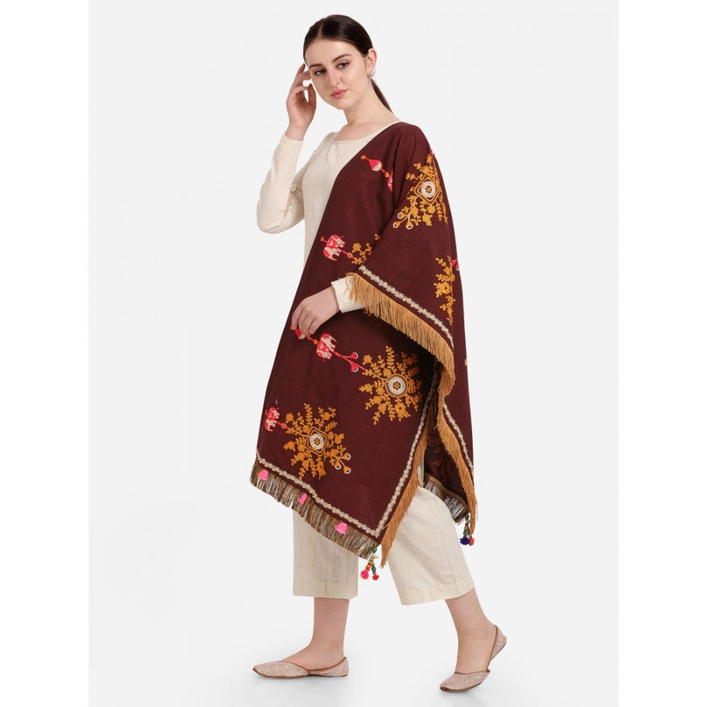 Generic Women's Cotton Embroidered Dupatta (Maroon, Length: 1.5 to 2 Mtr)