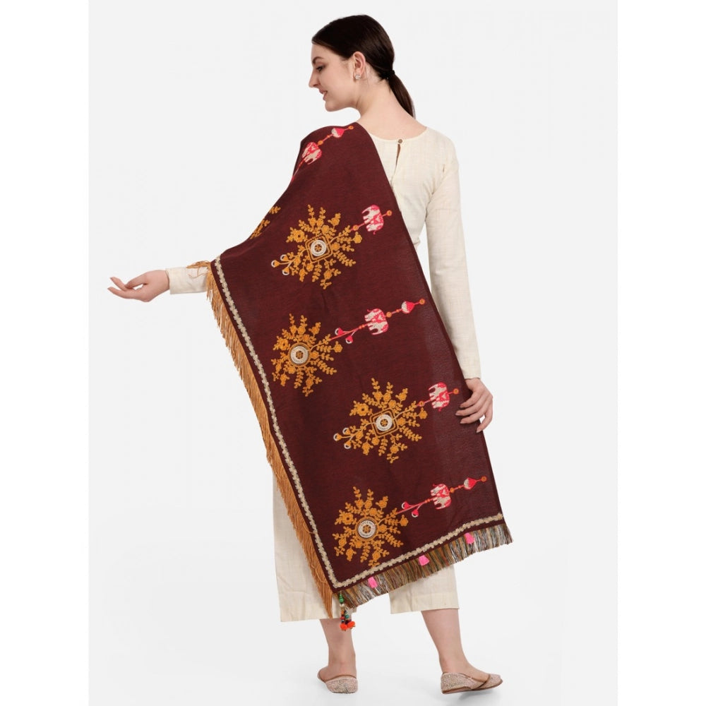 Generic Women's Cotton Embroidered Dupatta (Maroon, Length: 1.5 to 2 Mtr)