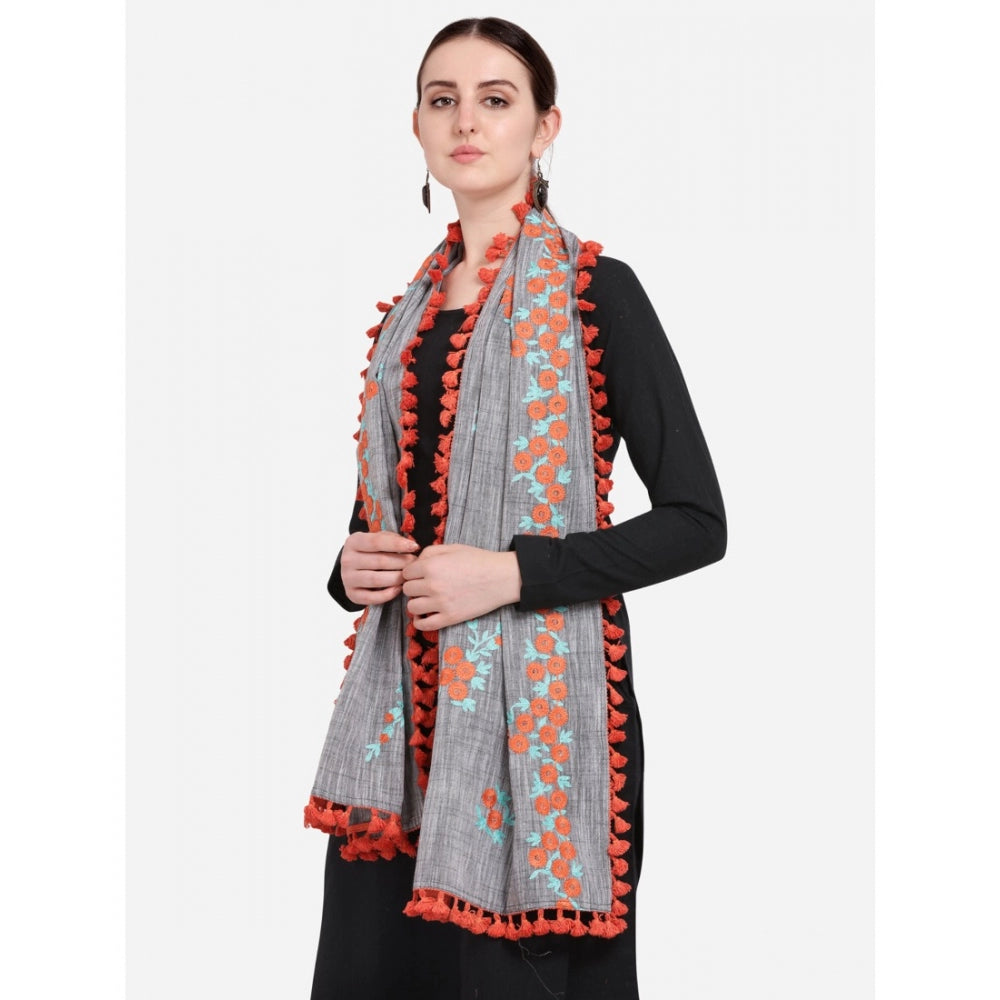 Generic Women's Cotton Embroidered Dupatta (Gray, Length: 0.5 to 1 Mtr)