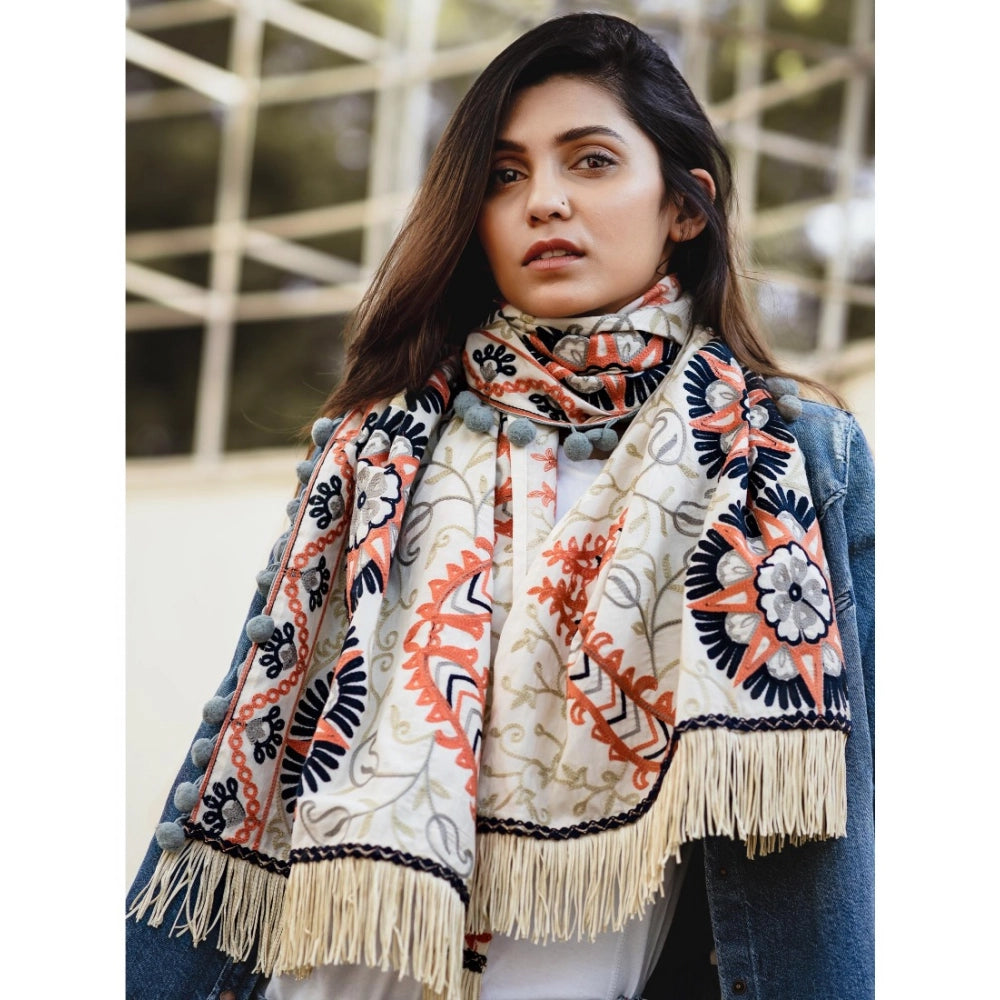 Generic Women's Cotton Embroidered Muffler (Off White, Length: 0.5 to 1 Mtr)
