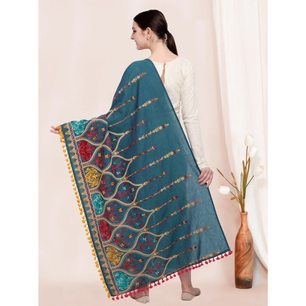 Generic Women's Cotton Embroidered Dupatta (Turquoise, Length: 0.5 to 1 Mtr)
