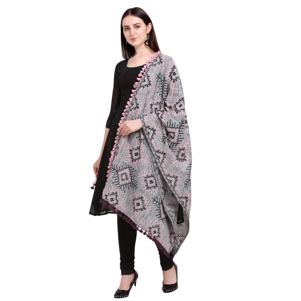 Generic Women's Cotton Embroidered Dupatta (Gray, Length: 0.5 to 1 Mtr)