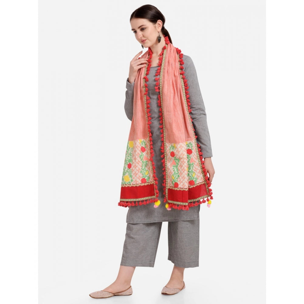 Generic Women's Cotton Embroidered Dupatta (Peach, Length: 1.5 to 2 Mtr)