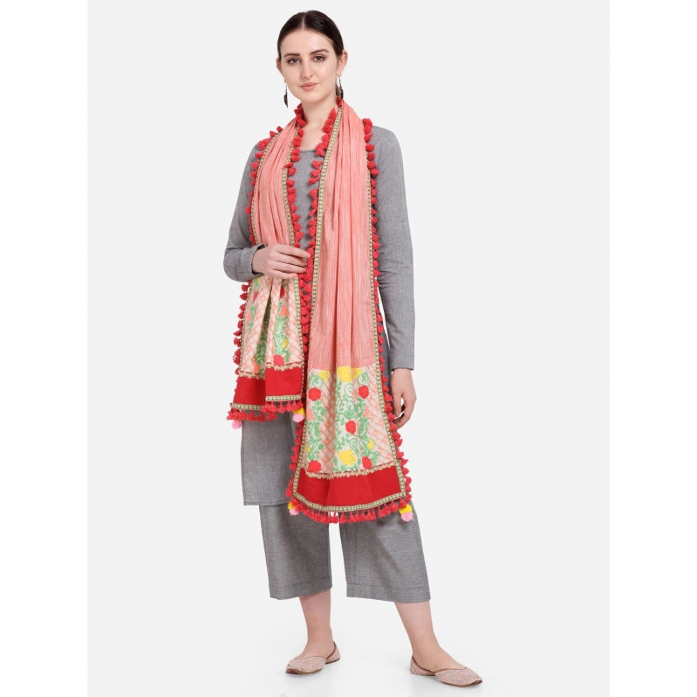 Generic Women's Cotton Embroidered Dupatta (Peach, Length: 1.5 to 2 Mtr)