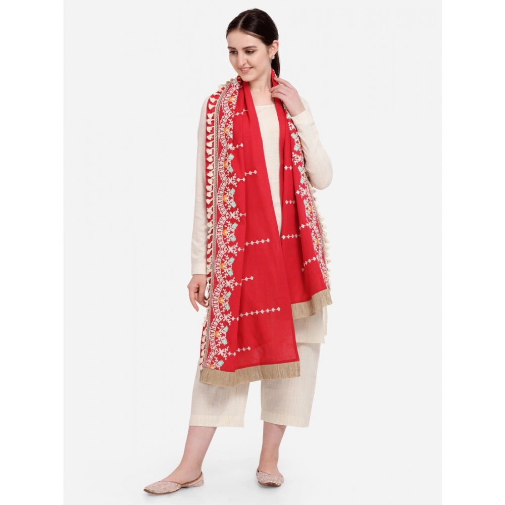 Generic Women's Cotton Embroidered Dupatta (Red, Length: 1.5 to 2 Mtr)