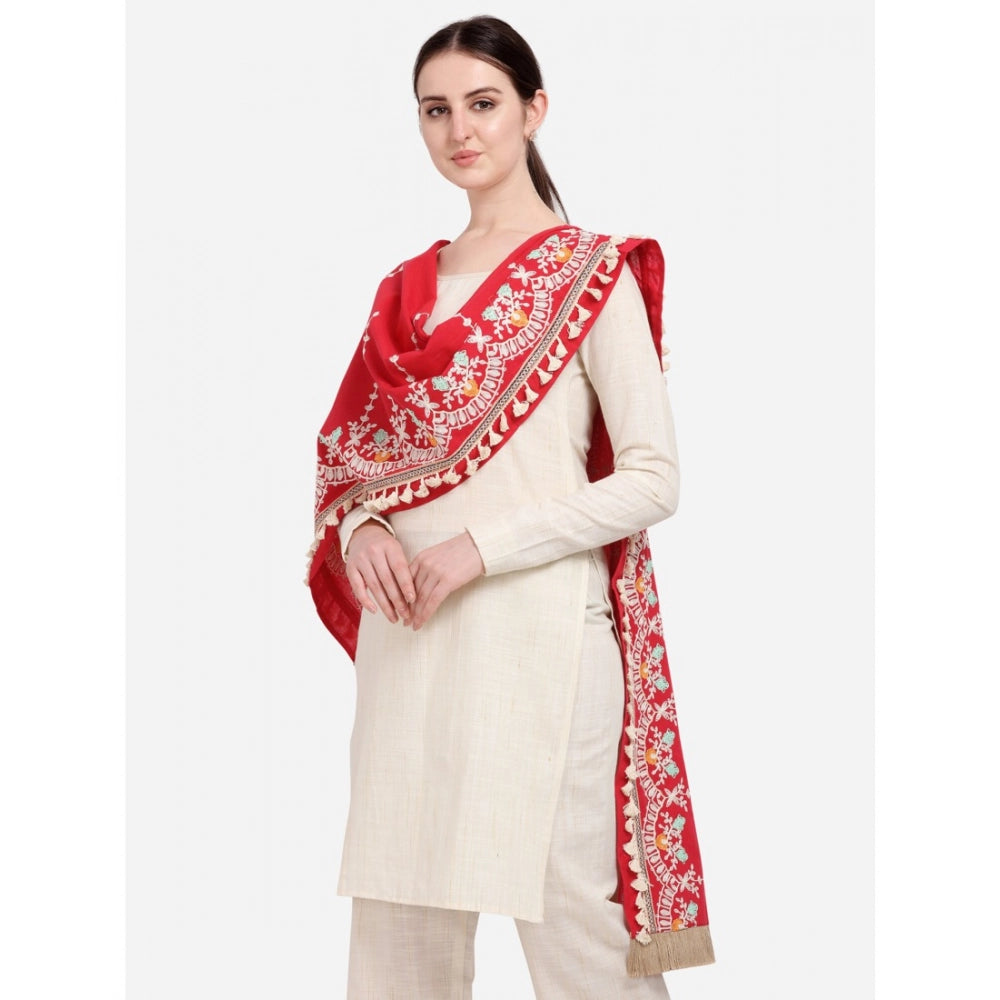 Generic Women's Cotton Embroidered Dupatta (Red, Length: 1.5 to 2 Mtr)