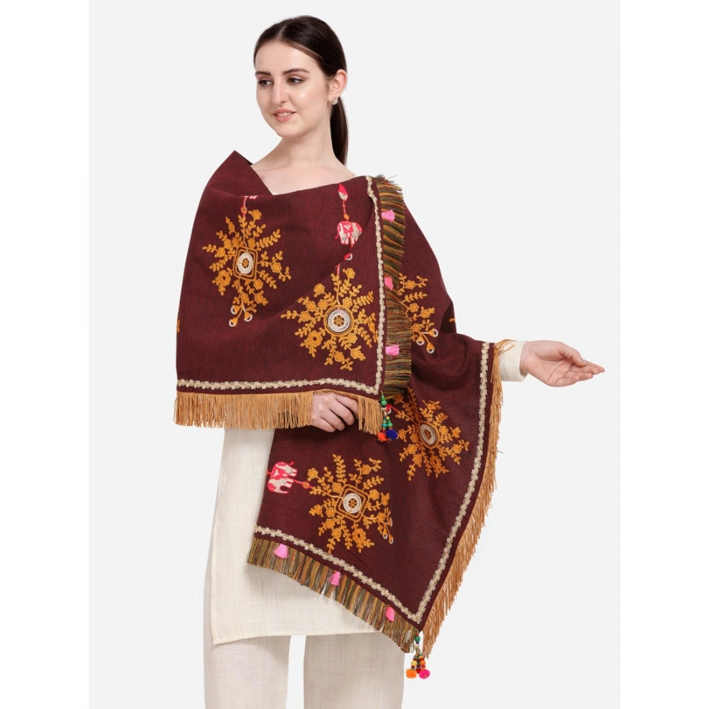 Generic Women's Cotton Embroidered Dupatta (Maroon, Length: 1.5 to 2 Mtr)