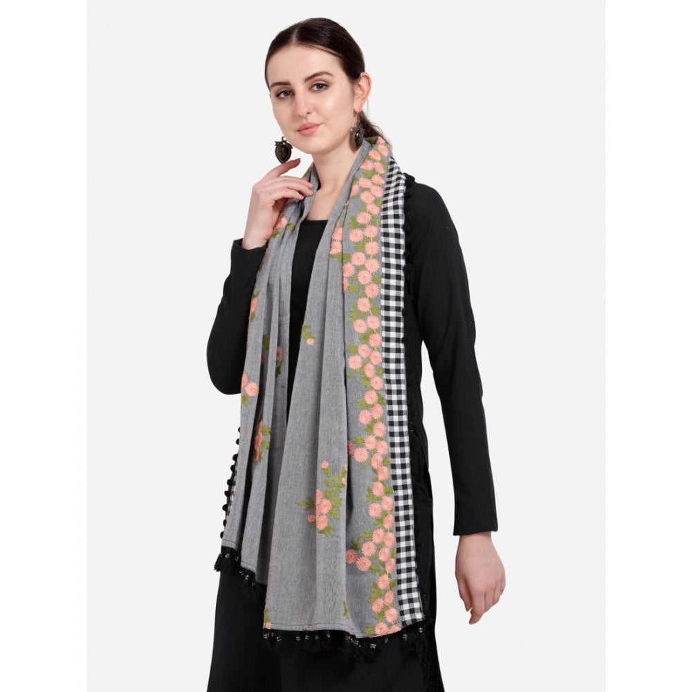 Generic Women's Cotton Embroidered Dupatta (Gray, Length: 0.5 to 1 Mtr)
