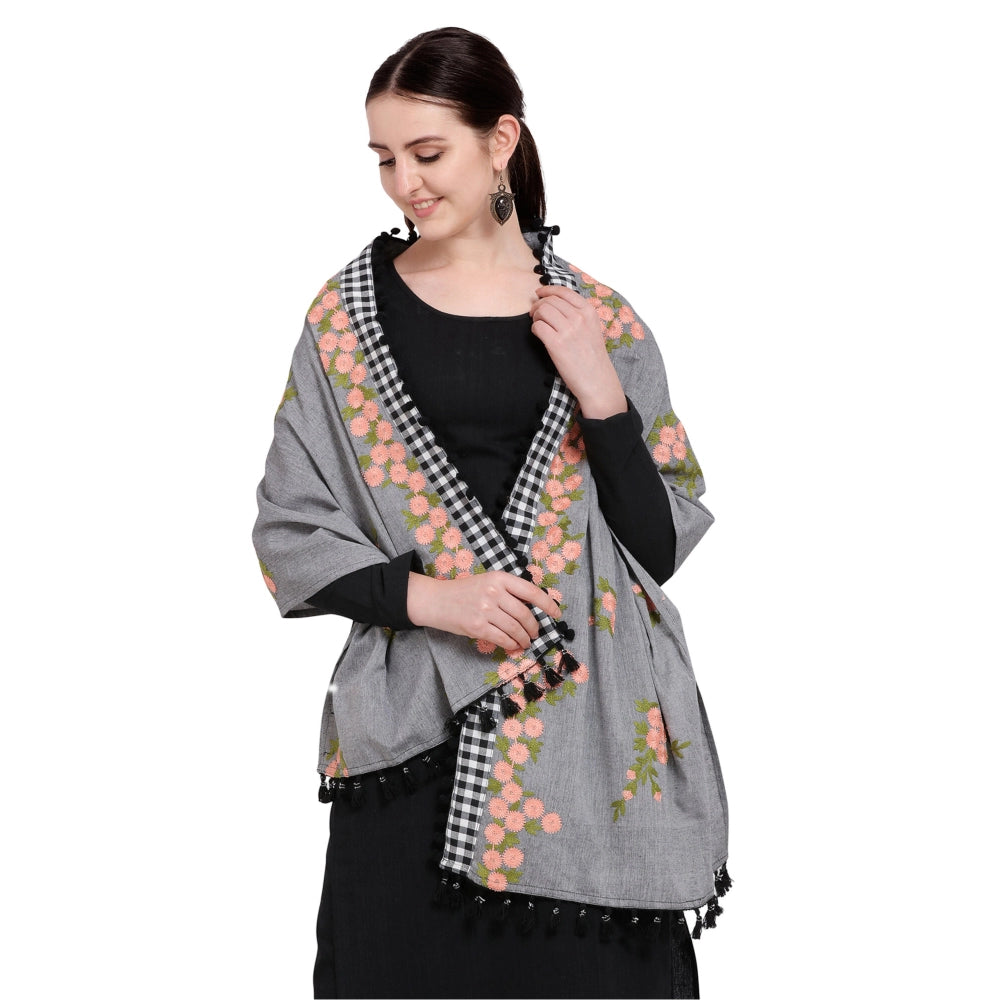 Generic Women's Cotton Embroidered Dupatta (Gray, Length: 0.5 to 1 Mtr)